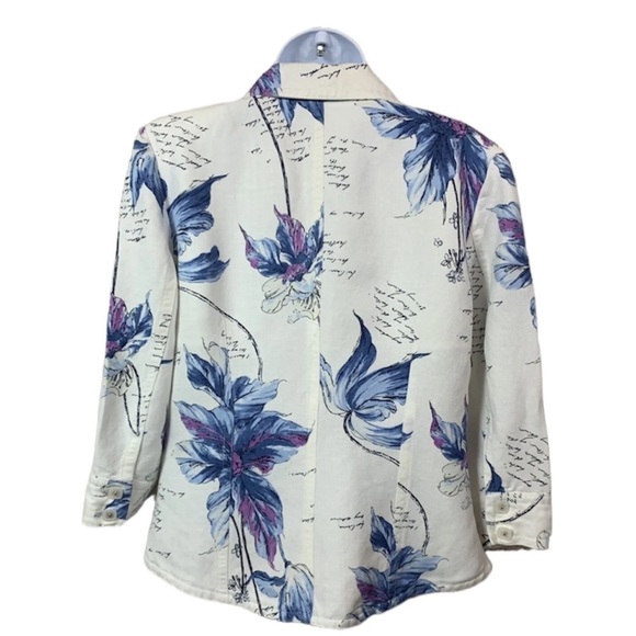 Emma James Off-White Floral Collared Button Front 3/4 Sleeve Linen Blazer Jacket - Picture 5 of 11